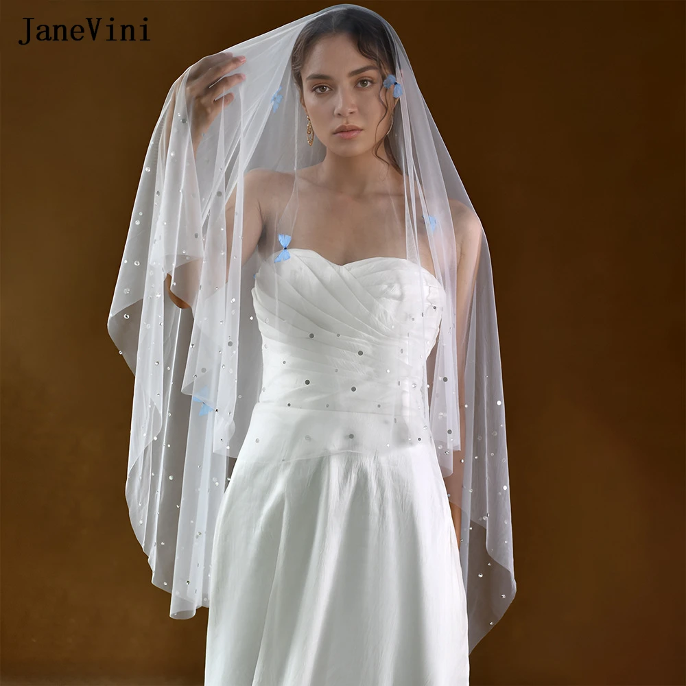 JaneVini 2024 Romantic White Long Bridal Veils 1 Layer Crystal Edge Handmade 3D Butterfly Cathedral Tulle Wedding Veil for Bride