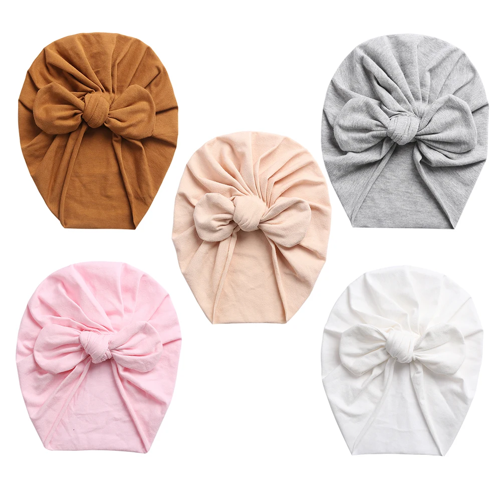 Cotton Baby Turban Hats Cute Bear Bow Beanies Caps Elastic Candy Color Headwraps Headwear Fashion Newborn Kids Hair Accessories