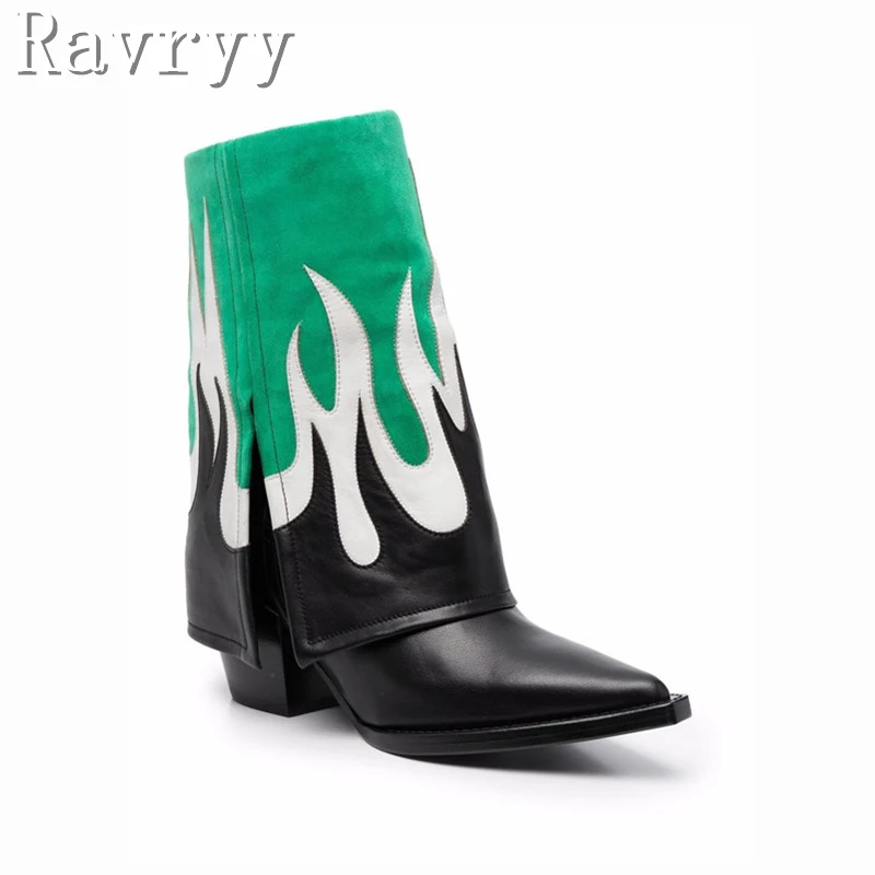 

New Fashion Pointed Toe Chunky Heels Boots Elegant Ladies Leather Colored Mixed Mid-Calf Boots Fashion Runway Women Shoes