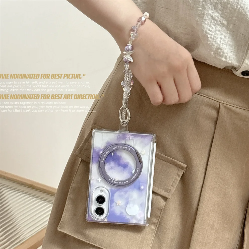 Purple Cloud Star Moon Print Phone Case For Samsung Galaxy Z Fold 8 360°Rotating Ring Holder Hard Cover With Bead Wrist Chain