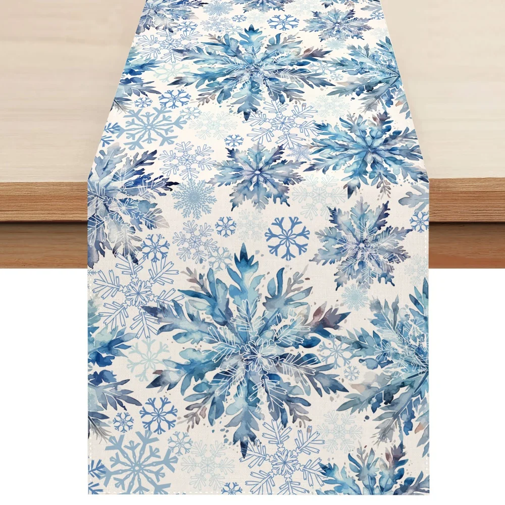 1pc Blue Snowflake Christmas Table Runner - Festive Winter Design with Snowflakes & Pine Branches, Winter Christmas Decorations