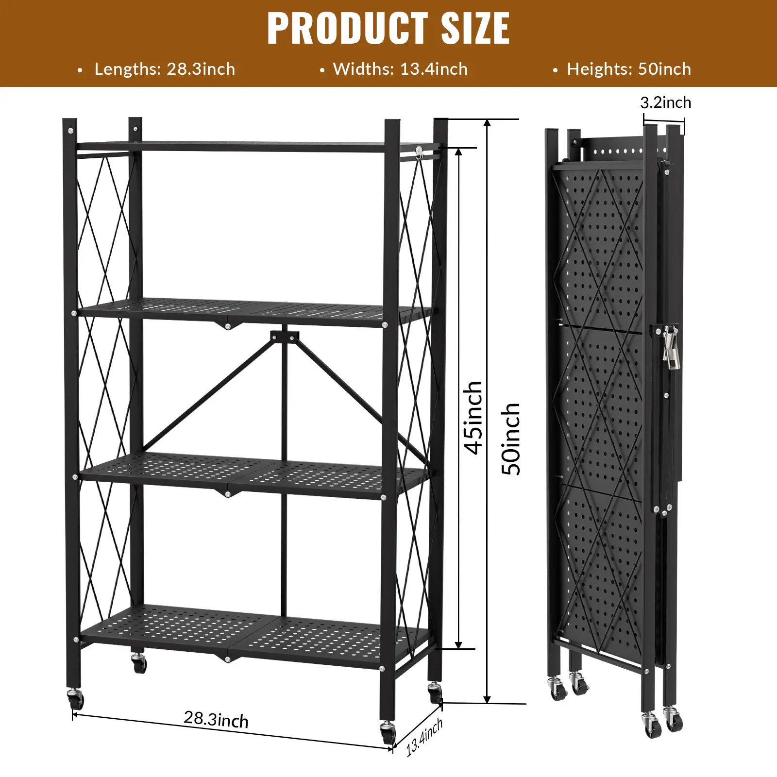 Étagère pliable 4 niveaux, charge 154 kg, roues 360°, structure acier, gain de place, pour cuisine, garage et salon