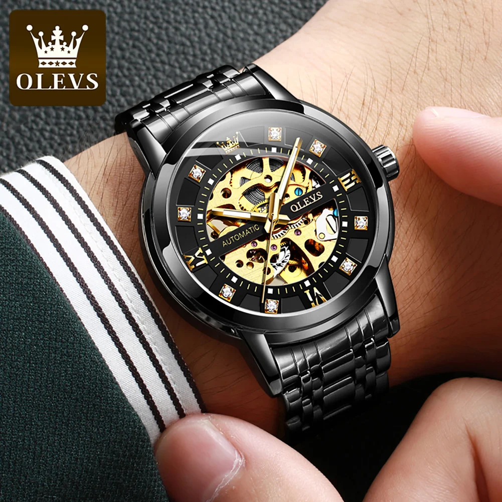 Olevs Top Brands Mechanical Male Wristwatch Skeleton Hollow Out Stainless Steel Strap Fashion Business Men Watch  Lover Watches