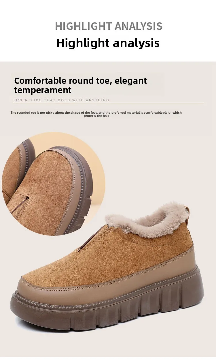 Damen Winter Warme Plüschgefütterte Schneeschuhe Wildleder-Obermaterial Reißverschluss Dicke Plattform Rutschfeste Lässige Knöchelhohe Baumwollstiefel – Detail 7