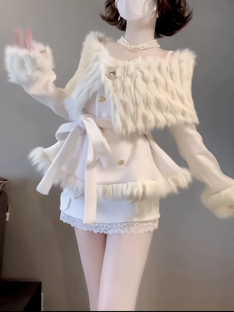 French Sweet Sexy Fur Patchwork Elegant 2 Piece Set Women Design Lace Up Warm Woolen Coat + White Mini Skirt Chic Winter Clothes