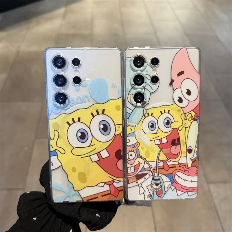 Чехол для телефона с рисунком S-SpongeBob Biya для Samsung S26 25 24 23 22 21 Ultra Plus Note 10 20, магнитный чехол Magsafe с беспроводной зарядкой