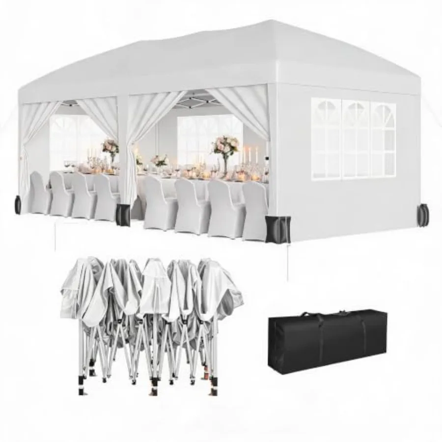 Party Tent for outdoor events, heavy-duty white polyester canopy with 6 removable sidewalls and storage bag, ideal for weddings