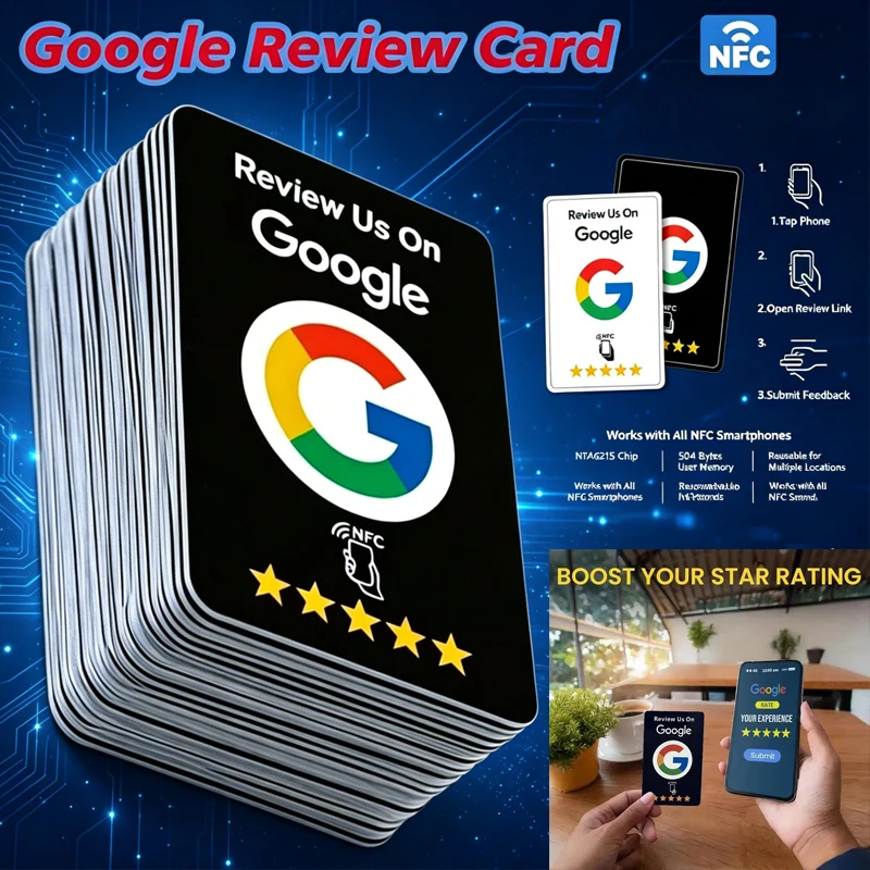 1-200Pcs Black Premium Wear‑//Resistant Matte Finish Reusable Google Review Tap NFC Card Programmable NFC Tap Card User‑Friendly
