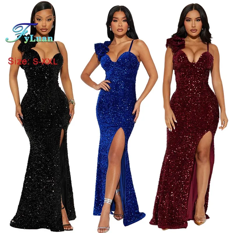 ชุดเดรสยาวแฟชั่นใหม่ปี 2025 สำหรับผู้หญิง สีพื้น สายเดี่ยว แต่งเลื่อม ผ่าข้าง ยาวกรอมพื้น คอวีลึก เหมาะสำหรับงานพรอม