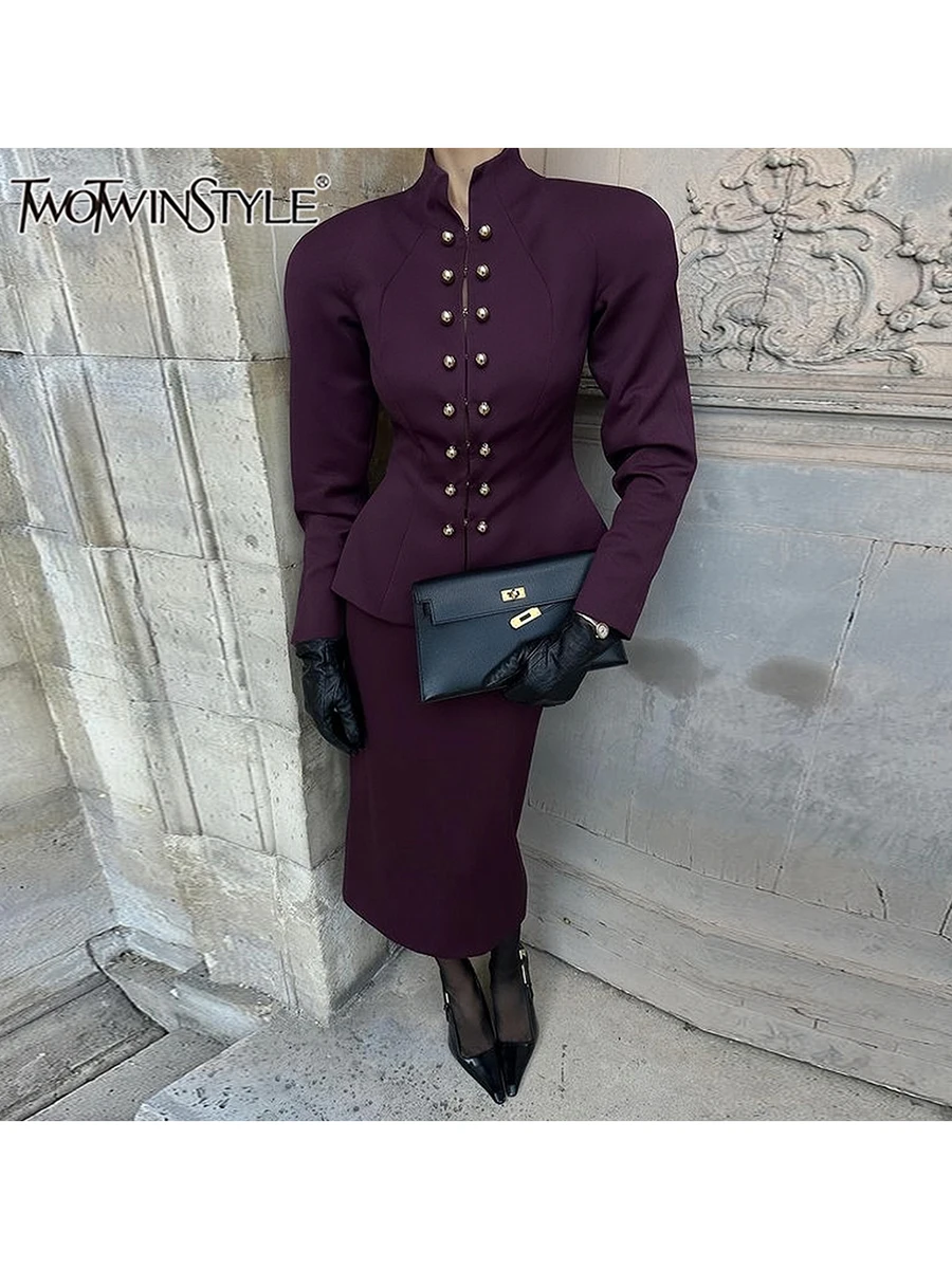 TWOTWINSTYLE Solid Elegant Spliced Button Two Piece Set For Women O Neck Long Sleeve Coat High Waist Slim Skirt Sets Female New