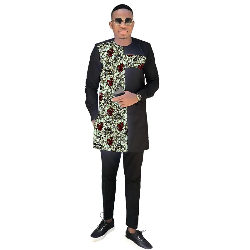 

African Couture Men's Black Set Patchwork Tops With Pants Nigerian Fashion Original Design Male Party Wear Groom Suit