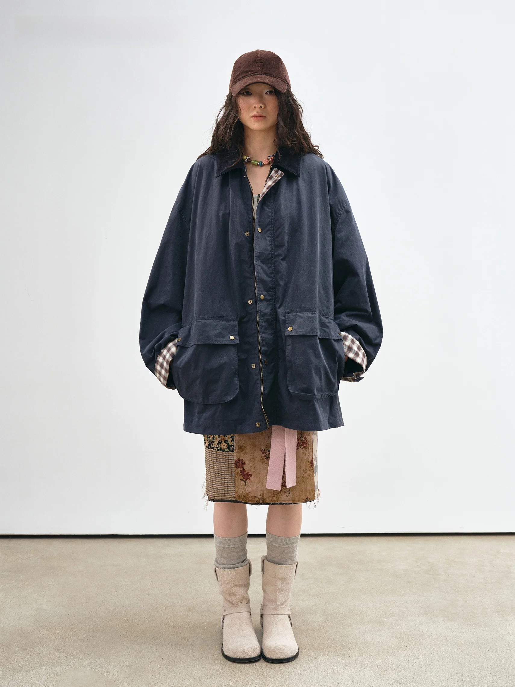 VERMO Vintage Style Oil Wax Cotton Jacket Beautiful Midnight Blue Rustic Paper Feel Windproof Unisex Mid-Length Coat