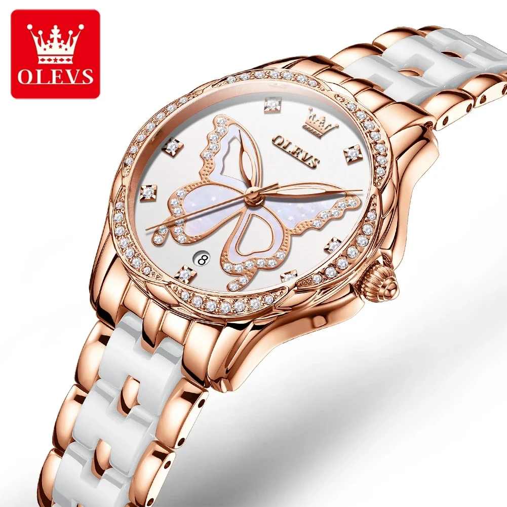 

OLEVS 5610 Brand Women's Quartz Watch Butterfly Diamonds Ceramic Strap Waterproof Luminous Calendar Ladies Casual Wristwatch