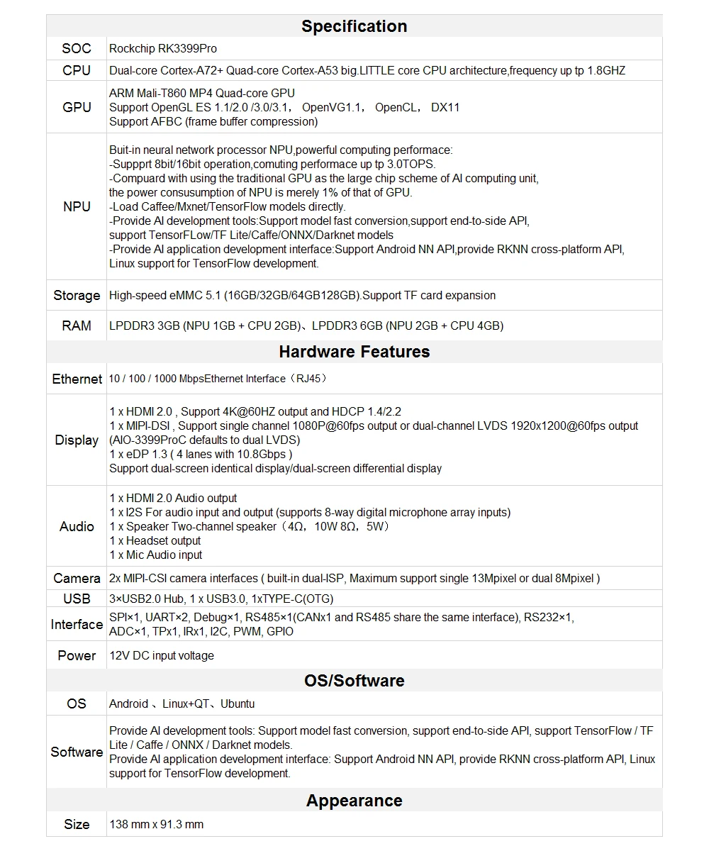 Firefly AIO-3399ProC RK3399Pro Single Board Computer voor Aiot Cortex-A72 Cortex-A53 LPDDR3 Linux + QT/Android/Ubuntu sbc