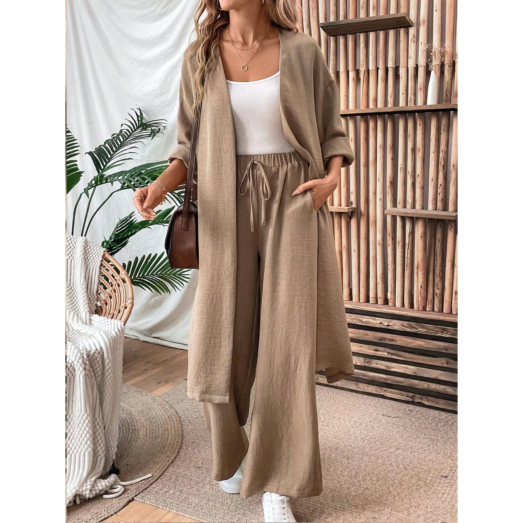 Casual Long Sleeve Set Wide Leg Pants Two Piece Set Slimming Effect Spring Autumn Fashion Set Polyester Fabric Long Pants