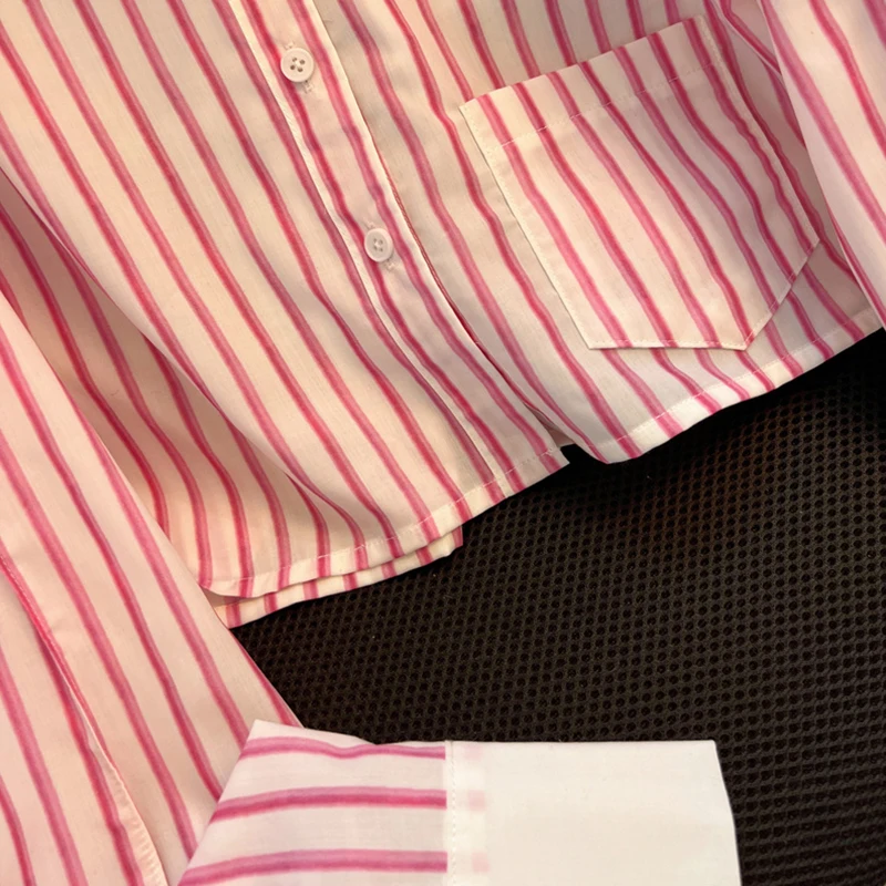 Bomon Korean version pink striped short lapel shirt women 2024 spring and autumn new advanced pocket long sleeve loose shirt