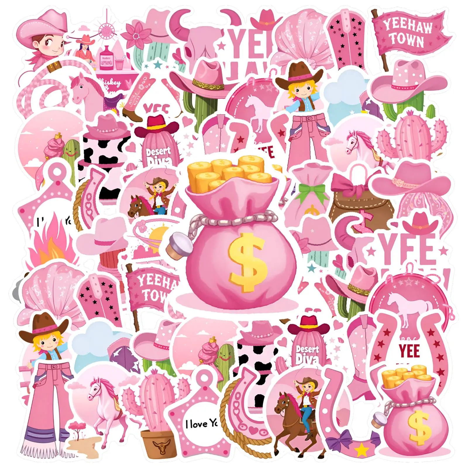 

35pcs-50pcs Cute Pink Stickers Cartoon Cowboy DIY Stickers Sticker Pack For Laptop Motorcycle Luggage Phone Notebook Luggage