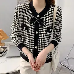 Nuove donne moda coreana lusso elegante monopetto Cardigan lavorato a maglia inverno dolce Chic fiocco manica lunga maglione lavorato a maglia spesso