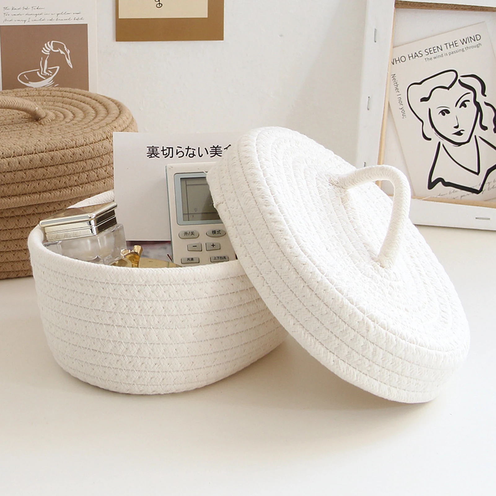 ZK20 Desktop Storage Box with Lid Handmade Cotton Rope Storage Basket for Makeup Sundries Snack Needles Milky White