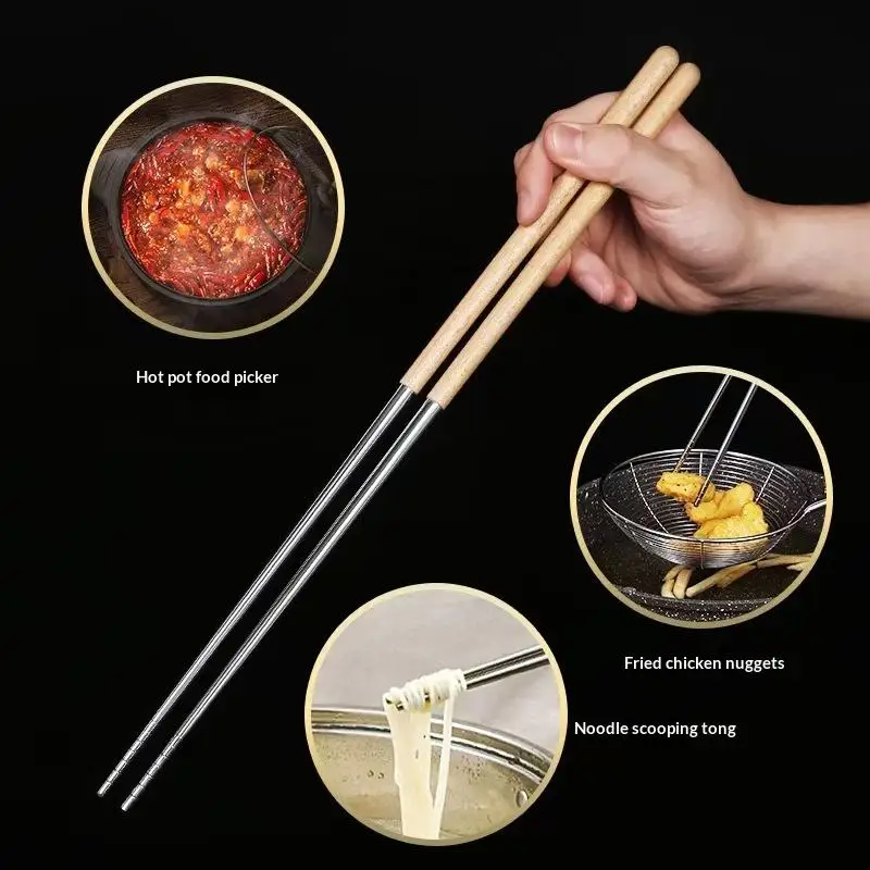 Durable 304 Stainless Steel Chopsticks Anti-slip Wooden Handle Extra Long 1 Pair for Household Cooking Hotpot Barbecue Daily Us