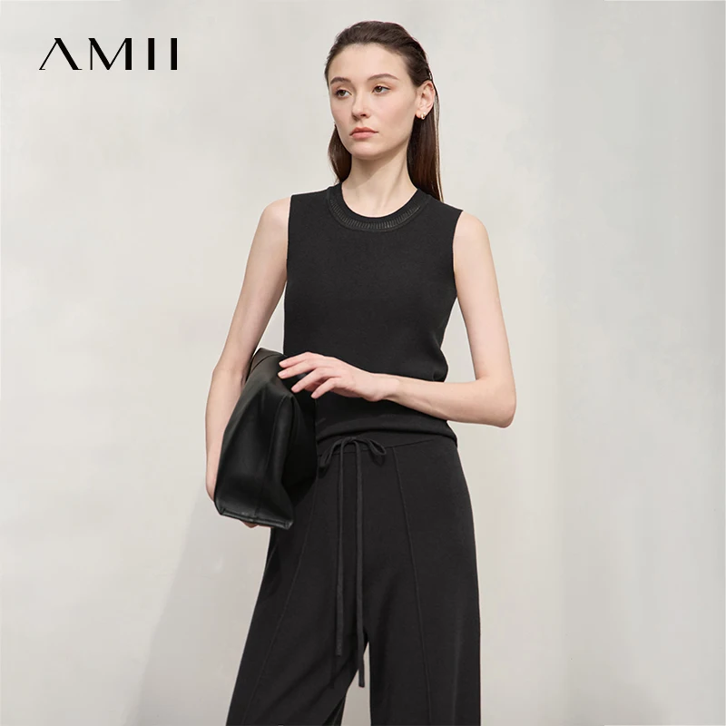 AMII Top Women 2026 Autumn New Casual Versatile Crew Neck Knitted Top Female Slim Sleeveless Pullover Solid Women's Vest12543090