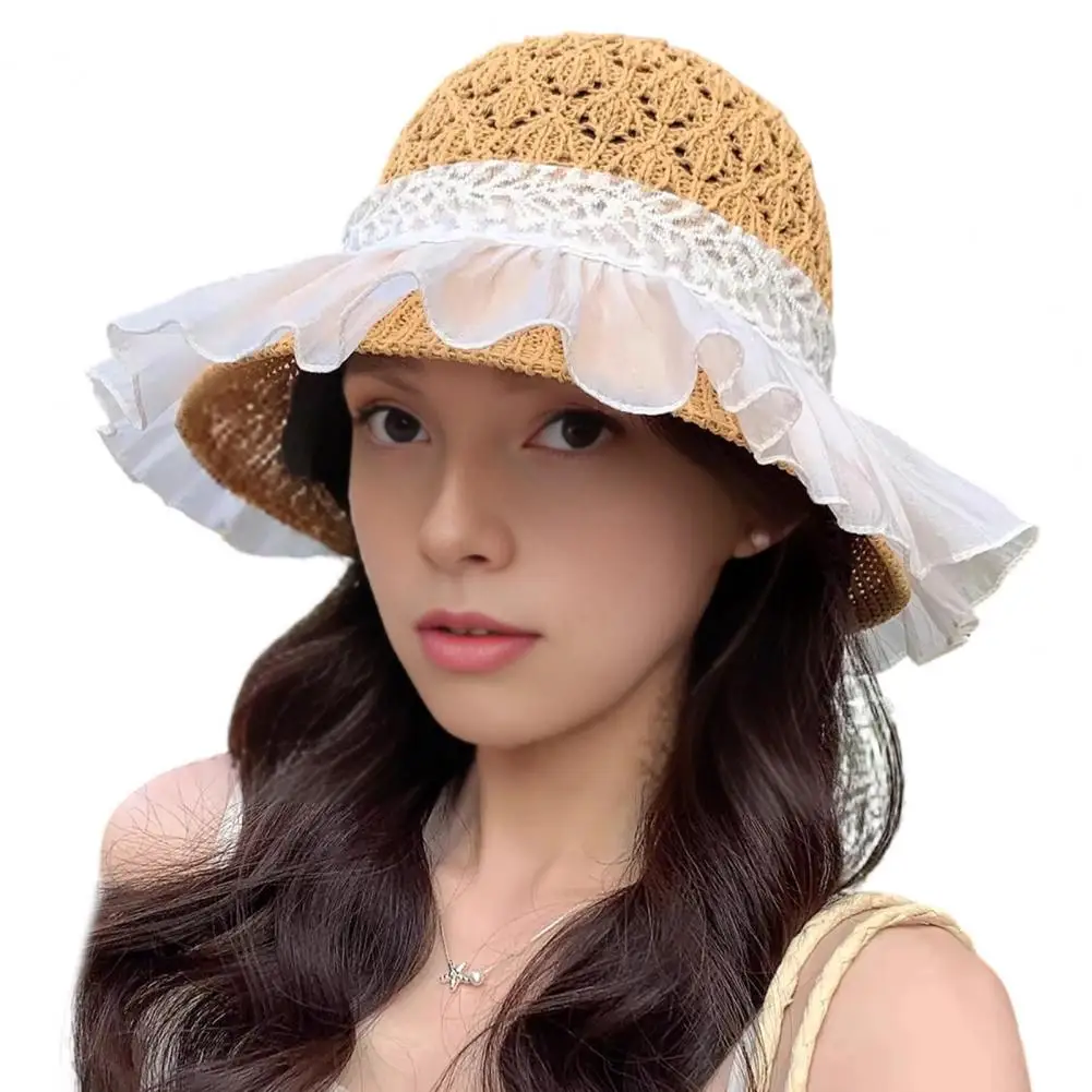 Breathable Crochet Sun Hat Sun Protection Beach Hat Wide Brim Straw Hat for Women Foldable Beach Sun with Ruffle Bow Breathable