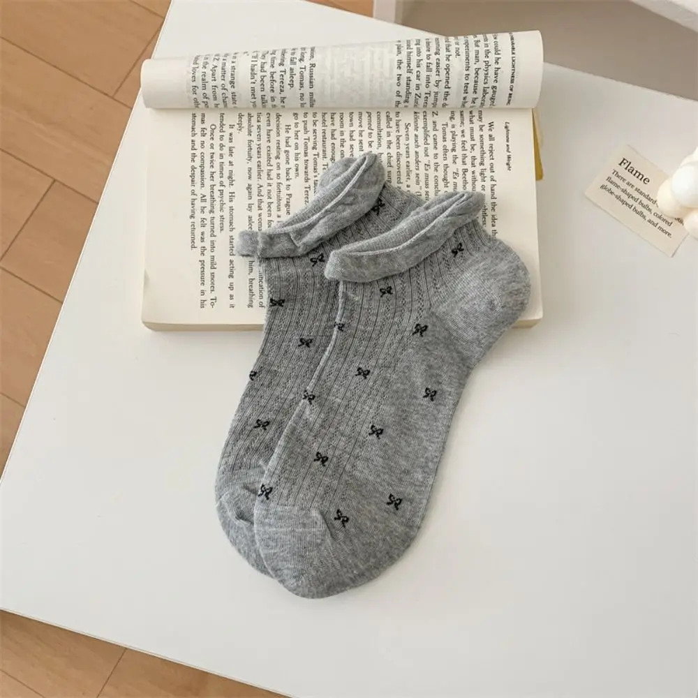 5 paires de chaussettes courtes en maille douce avec nœud, à volants, respirantes, douces, Style Ballet, bonneterie, Tube pour femmes