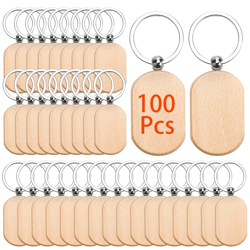 

100Pcs Wooden Blanks Keychain Pendants Keyrings DIY Wood ID Tags Gifts Decoration