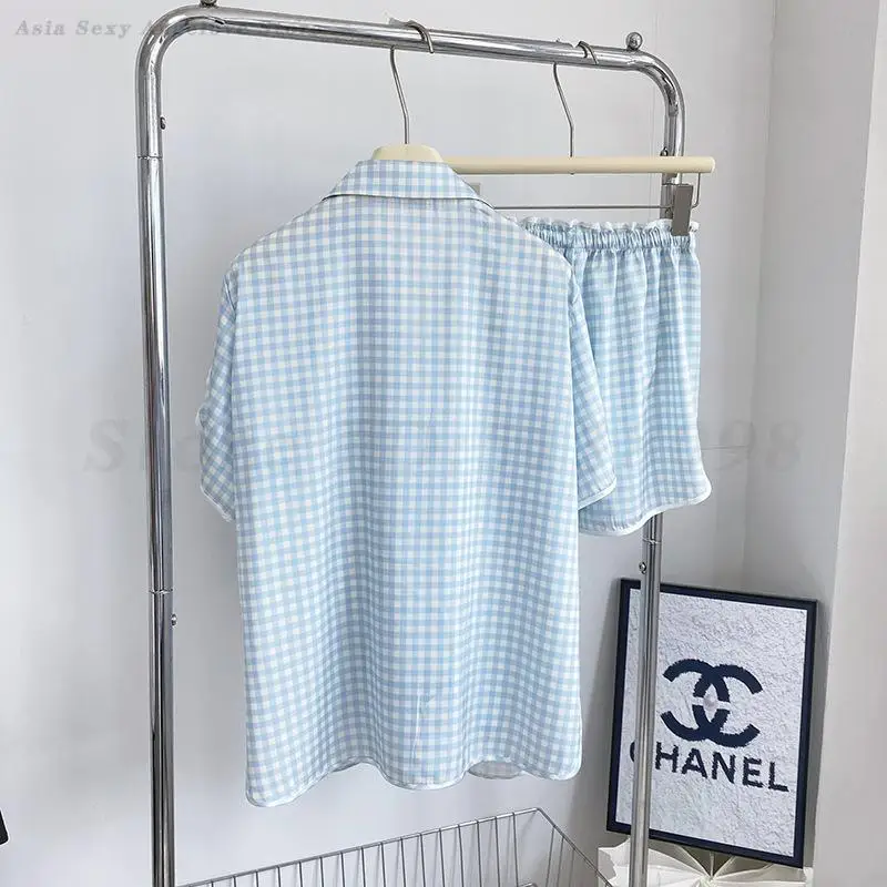 Blue Simple Pajamas Summer Short Sleeve Shorts Pyjamas Set Women's Casual Home Clothes Silky Satin Plaid Sleepwear Loungewear