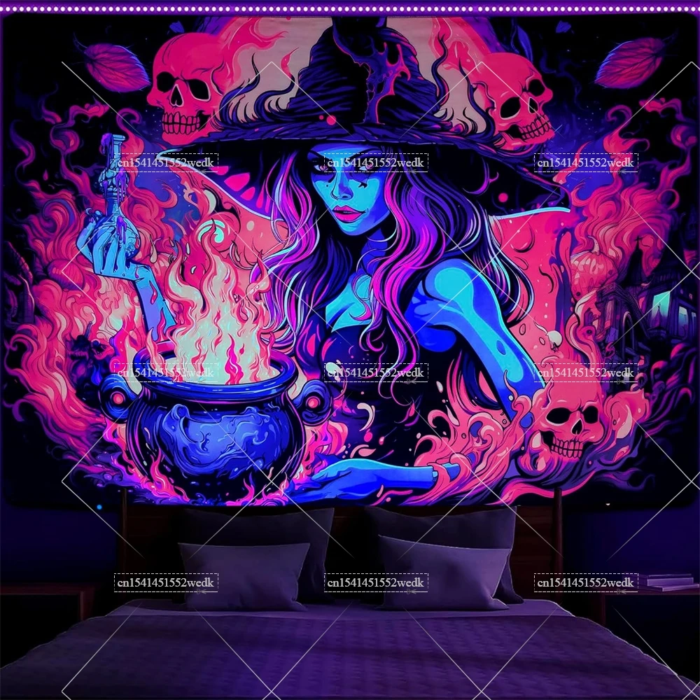 Blacklight Witch Tapestry UV Reactive Skull Neon Fluorescent Tapestrys Glow In The Dark Wall Art Aesthetic Room Decor Wallpapers