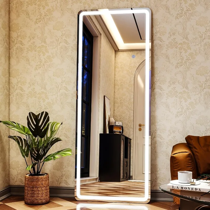 LED Rectangular Corner White Full Length Mirror - 20“ x 63” Brightness Adjustable, Touch Screen Control, Wall Mounted