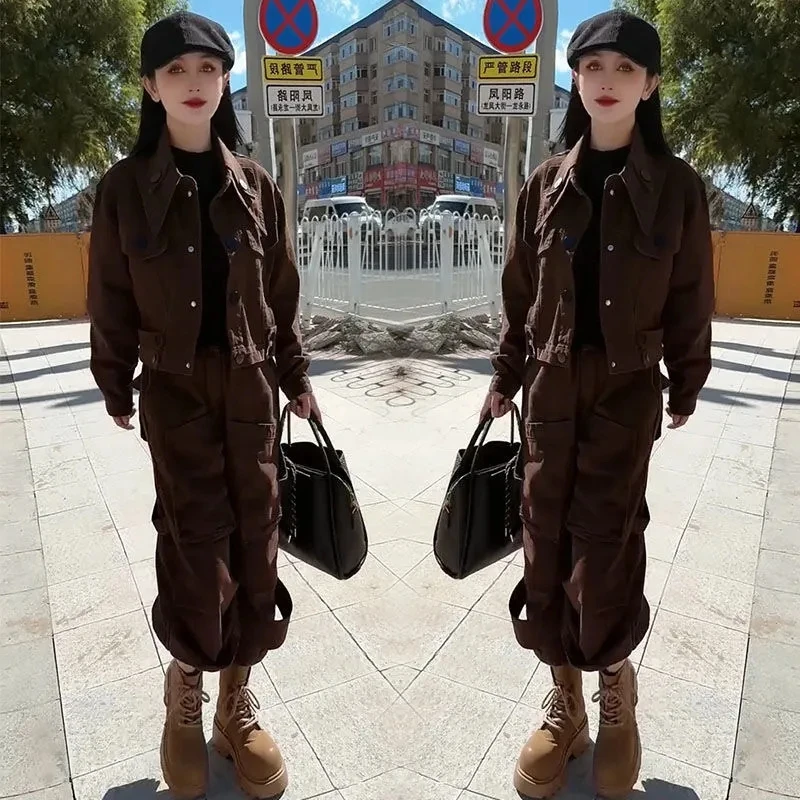 

Высококачественная джинсовая однобортная куртка с длинными рукавами, 9-дюймовые брюки-карго, ранняя осень, новый повседневный модный комплект из двух предметов