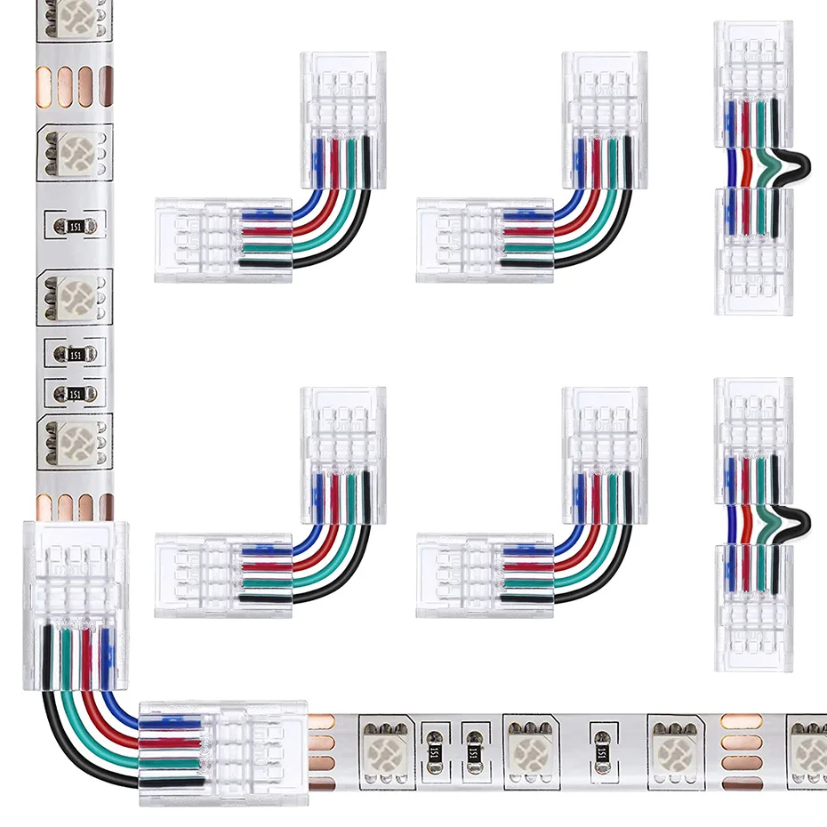 LED Strip Connector 10mm 3/4 Pin L Shape Solderless Wire Connectors For RGB WS2811 SMD 5050 Tape Light DIY Home Decoration