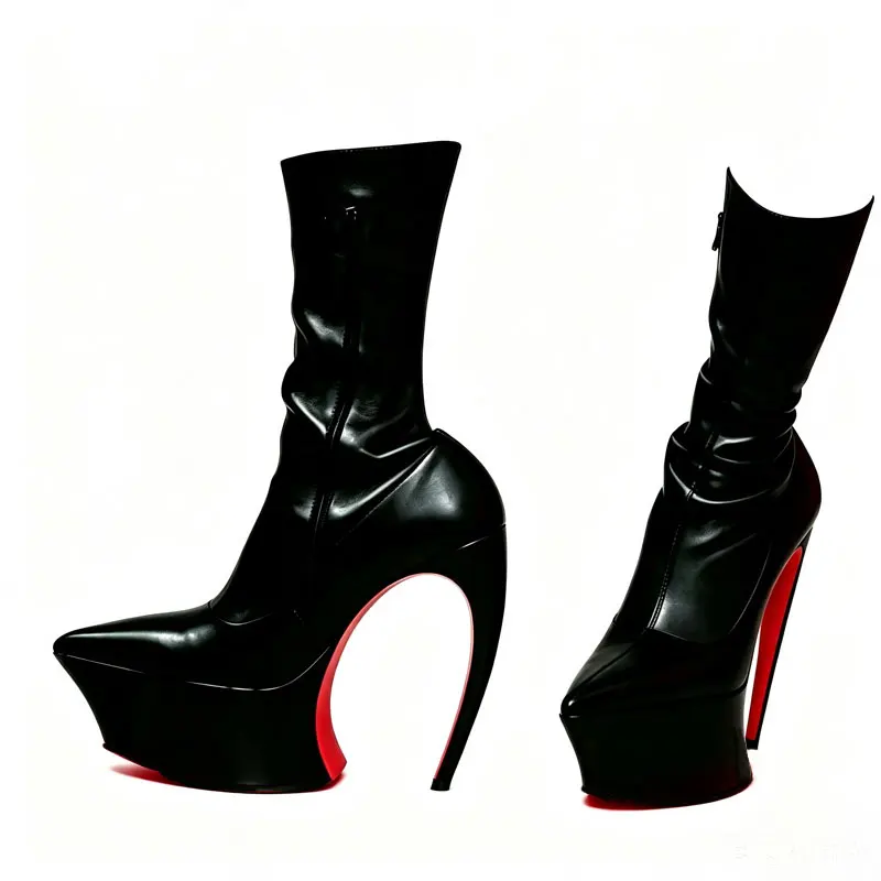 Ladies Sharp Point Toe Mid‑Calf Booties Hollow Sculpted Super High Heel Thick Platform Side Zipper Red Outsole Punk Party Show