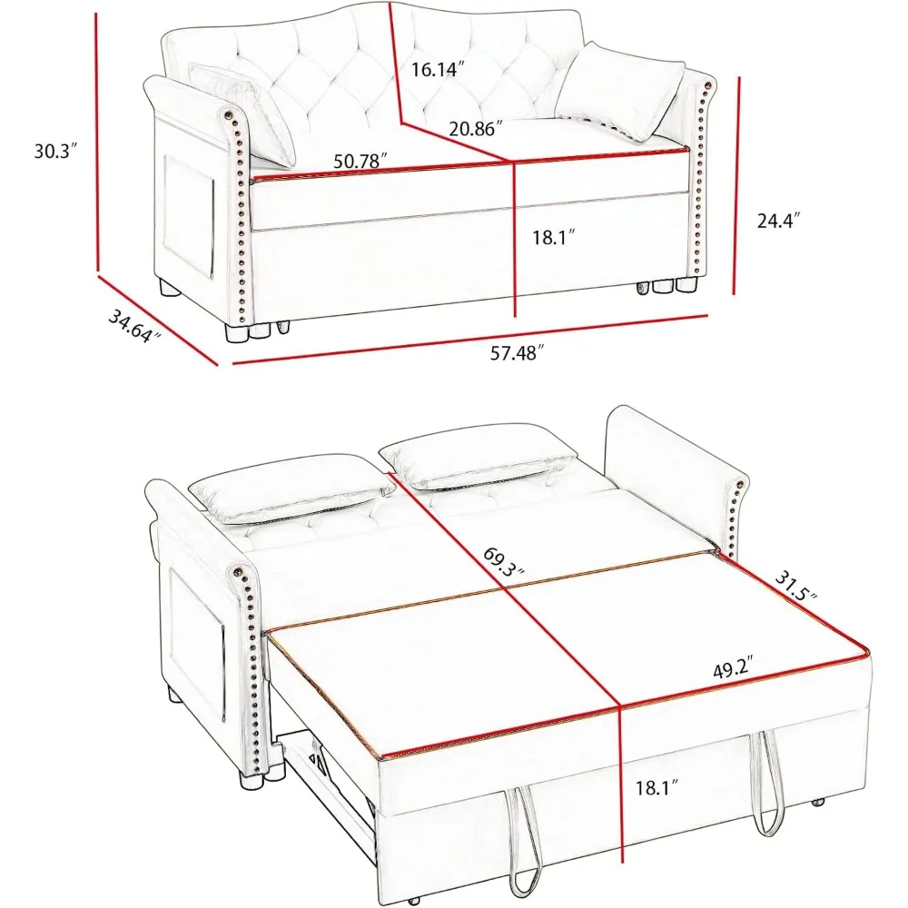 Convertible Sleeper Sofa Bed 57 with Adjustable Backrest, Chaise Lounge, Pillows, Side Storage - Stylish Functional Living Space