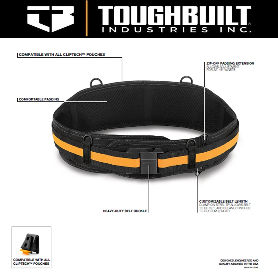 Imagem -02 - Toughbuilt Tb-ct41b Cinto Acolchoado para Profissionais Fivela de Aço Fivela Resistente Suporte Traseiro para Cintura Bolsa Clip Tech Hubs