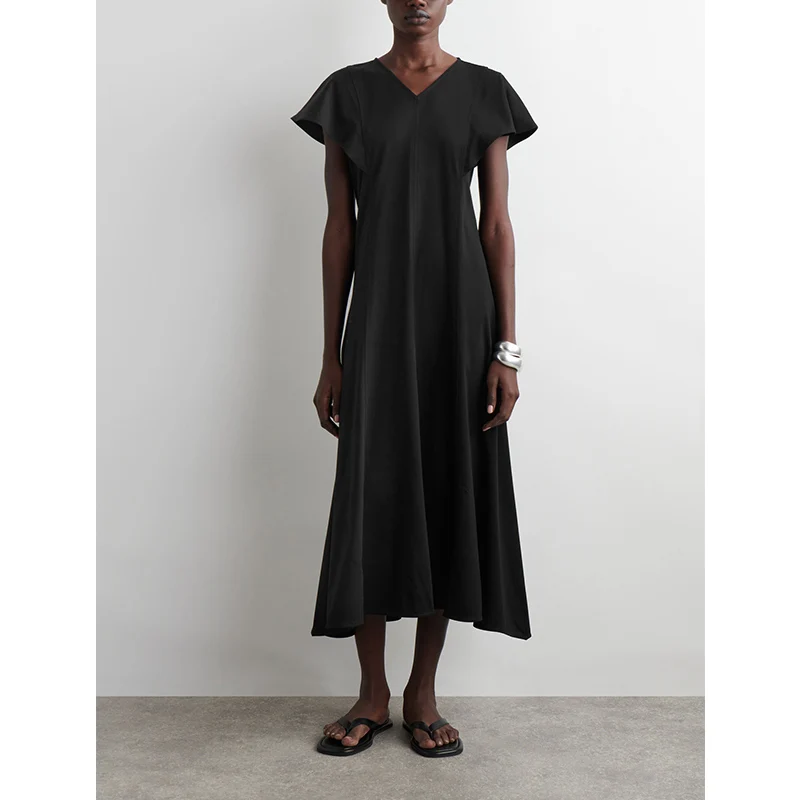 Zomer Nieuwe Dames Midi Dr Geplooide V-ne Stand pe Flng Sve 27284 Hoge Taille A-lijn Rok Polyestervezel