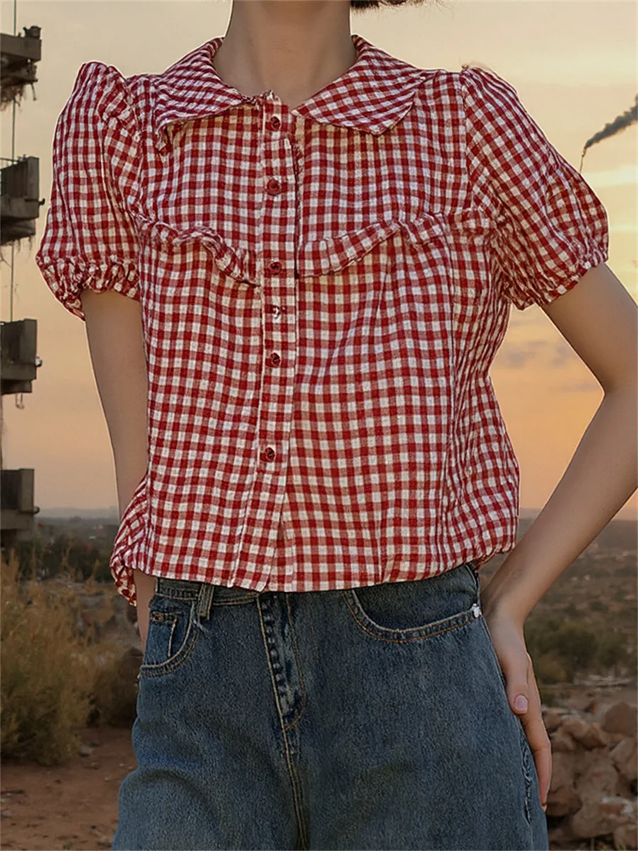 

Рубашки с короткими рукавами, женские рубашки в клетку с воланами JK, милые сетчатые оборки на подкладке, художественная женская блузка
