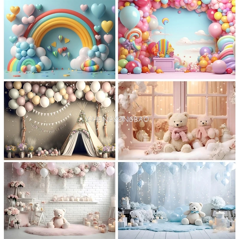 

SHENGYONGBAO Baby Shower Newborn Photography Backdrop Prop Bear Colorful Air Balloon Happy Birthday Party Scene Photo Background