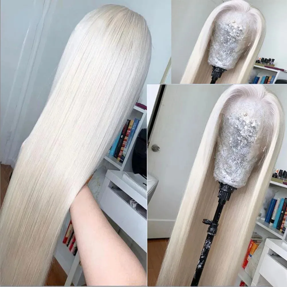 Platinum Blonde Synthetic Lace Front Wig Pre Plucked Ready to Wear 13x4 HD Glueless Straight Lace Front Wig for Women Peluca