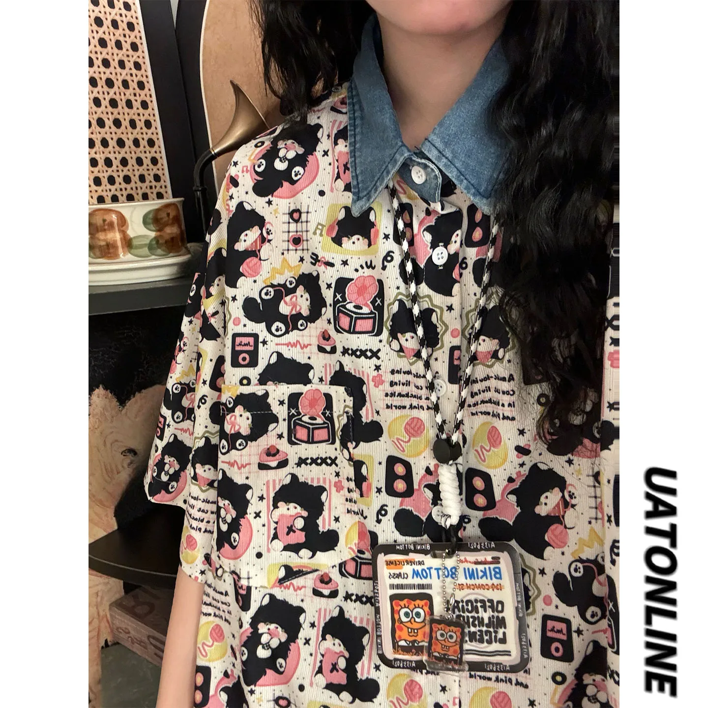 

UATONLINE2026 Summer Street Style Loose Fit Fun Print Casual Short Sleeve Shirt Unisex Breathable Comfortable Skin-Friendly