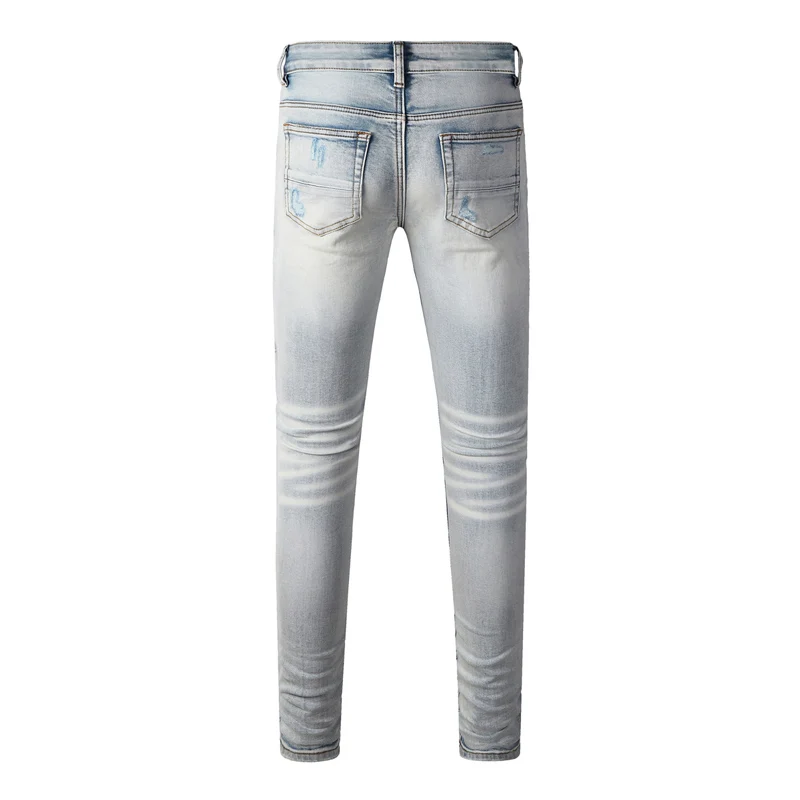 Hombrefashion new denim jeans washed nostalgic stretch slim fit light blue jeans high street fashion hip-hop brand pants hombre