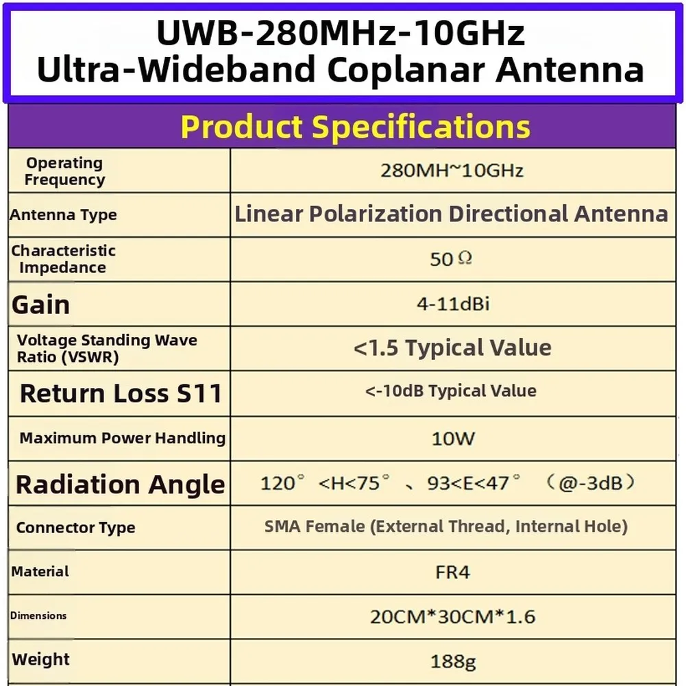 280MHz to 10GHz Coplanar for antenna 50 Ohms for Max 10W for Power Handling with For SMA Male Connector for RF Debugging Tools
