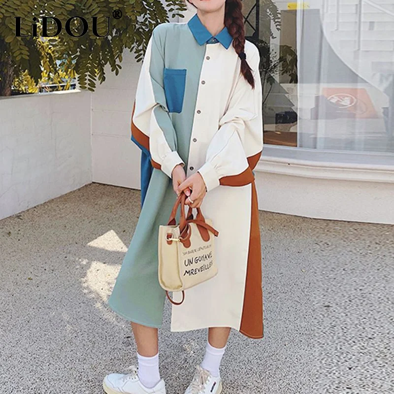 

2023 Spring Summer New POLO Collar Long Sleeve Midi Dress Women French Style Contrast Color Patchwork Fashion Vintage Shirtdress