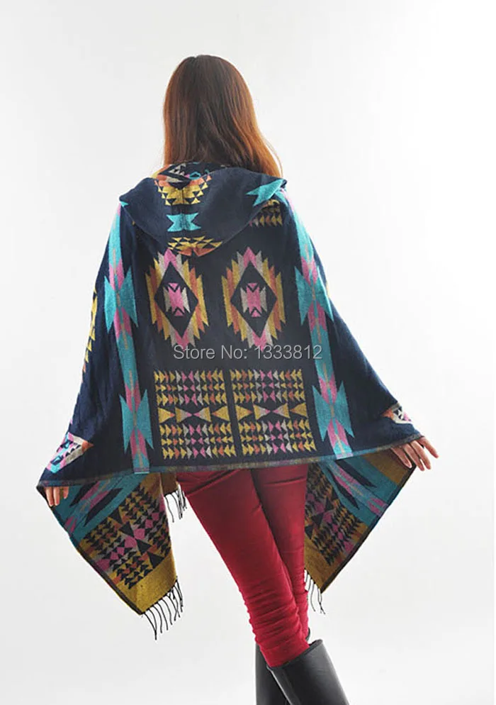 New Ladies Cape Coat Check Tartan Plaid Fringe Poncho Hoodie Hooded Bohemian Shawl Tassel Scarf Scarves Warm Wrap