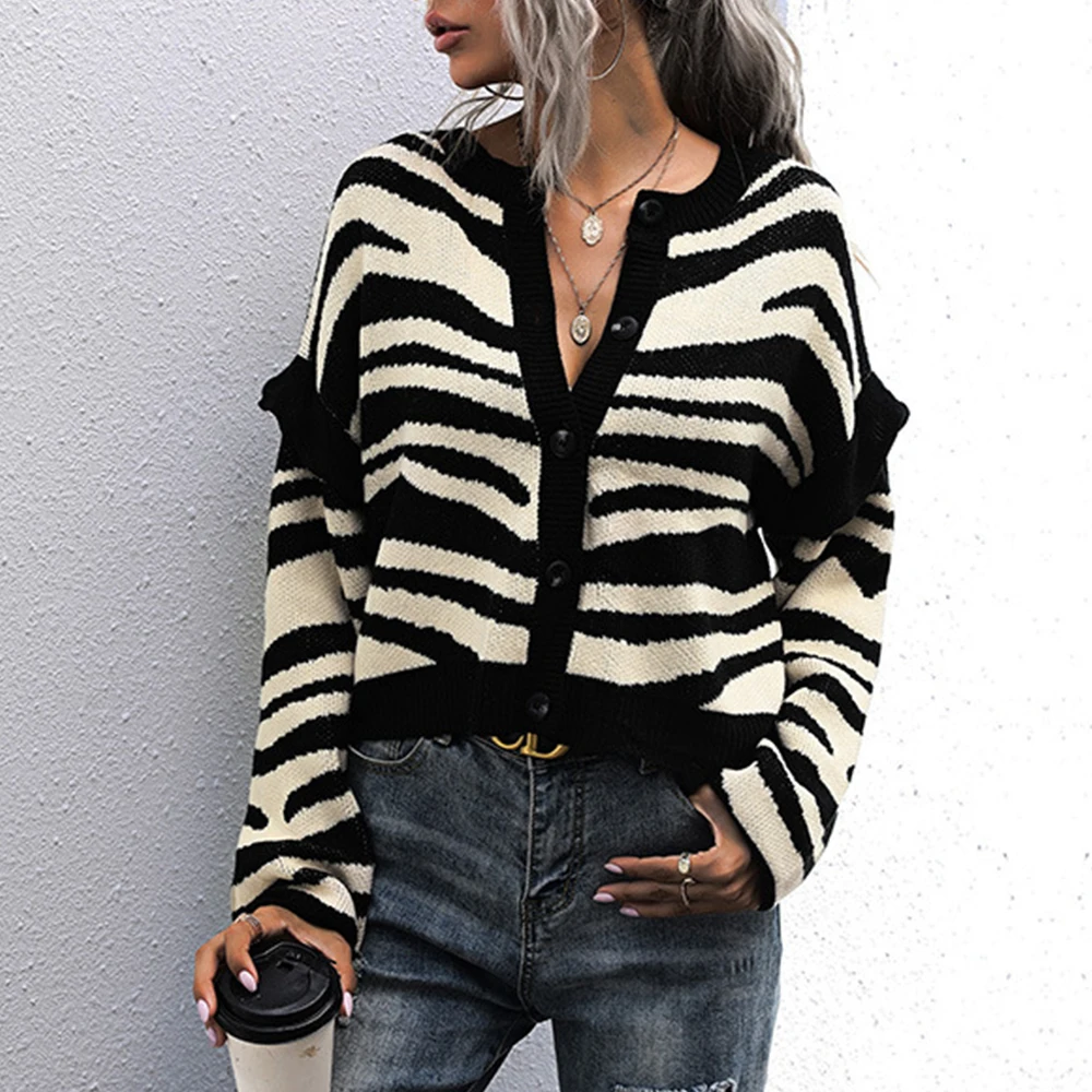 Mia Muse Women's Sweater Winter Fashion Zebra Stripe Long Sleeve Crew Neck Single Breasted Fashion Sweater