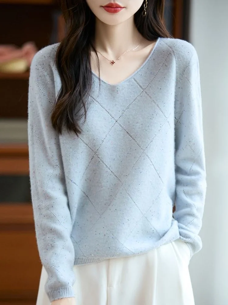 Elegant V-Neck Knitwear Loose Women's Top Outerwear Compatible Heart-Shaped Neck Sweater Commute Style Long Sleeve Regular Fit