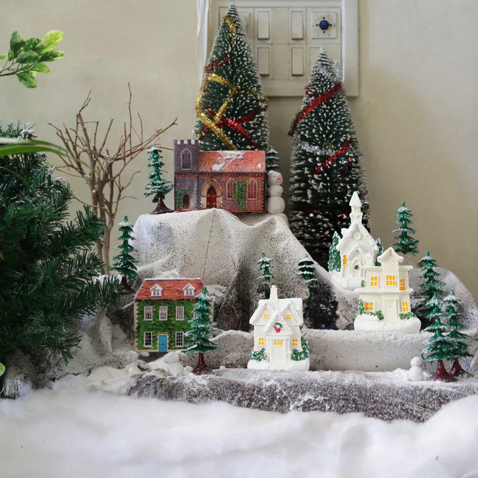 

3 pcs Glowing Christmas Village Houses Resin Lighted Miniature Xmas Houses For Tabletop Mantel Decor Mini Christmas Village