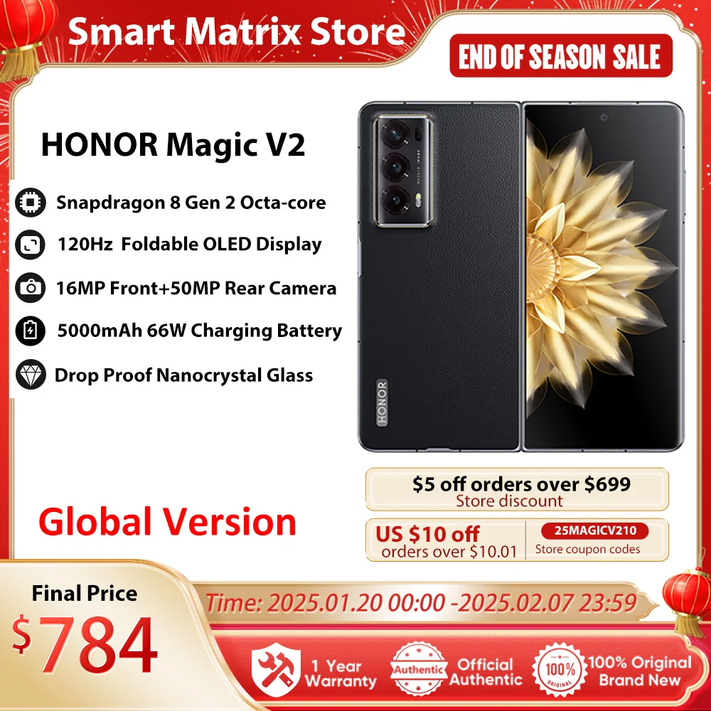 

HONOR Magic V2 Global Version 5G Smartphone 7.92" Foldable OLED Display 120Hz 50MP Rear Cameras Snapdragon 8 Gen 2 5000mAh 66W