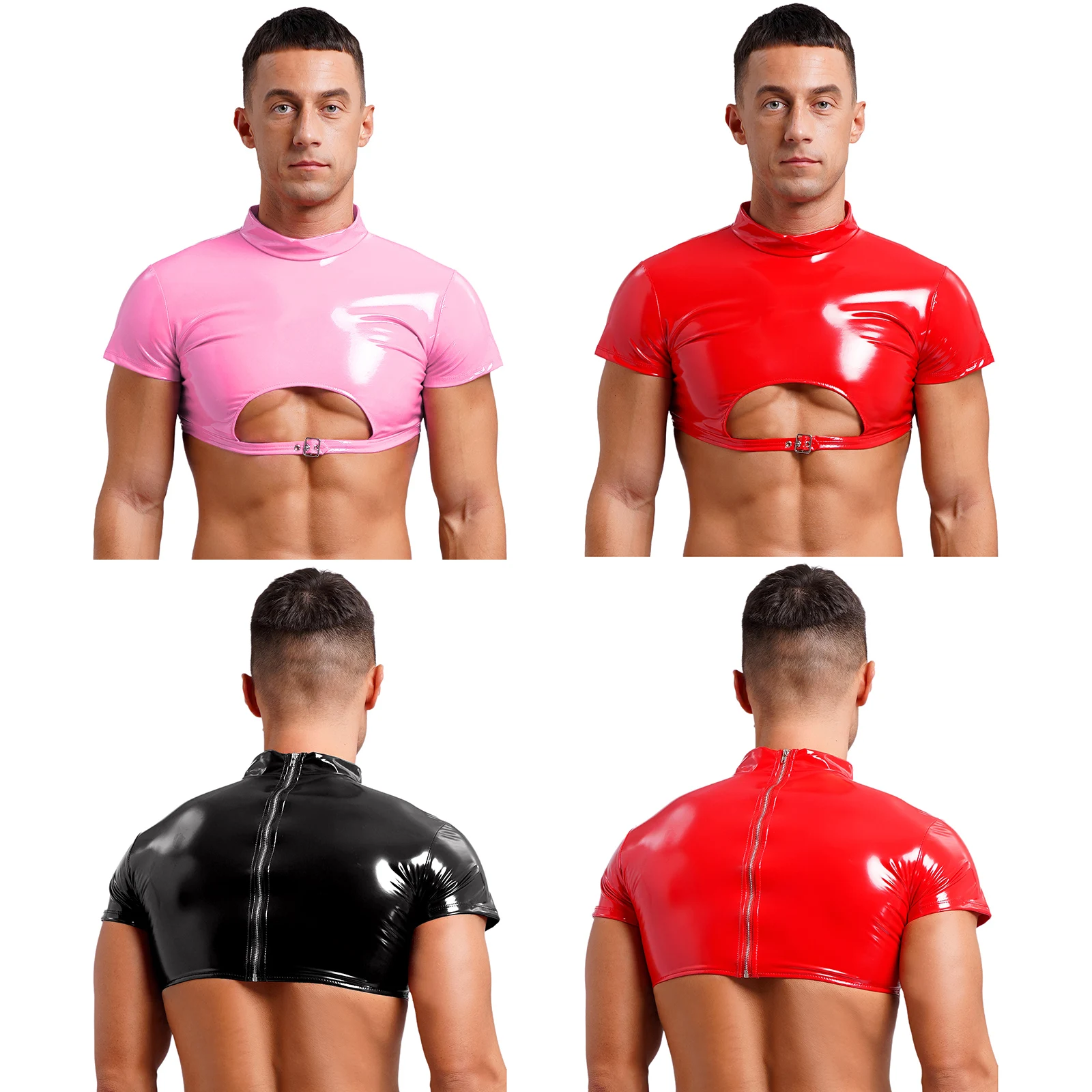 Men Turtleneck Patent Leather Crop Top Clubwear Party Wet Look Short Sleeve Cutout Buckle Back Zipper Tank Top for Bar Nightclub